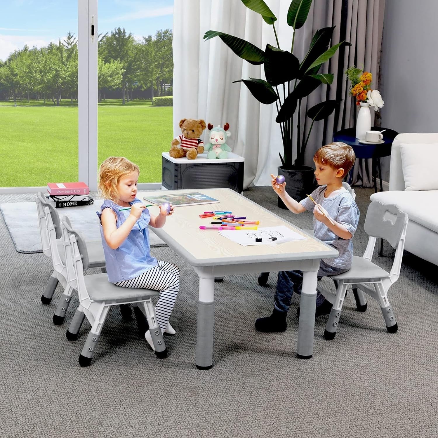Kids Table and 4 Chairs Set Adjustable Height Study Play Dining Furniture Grey