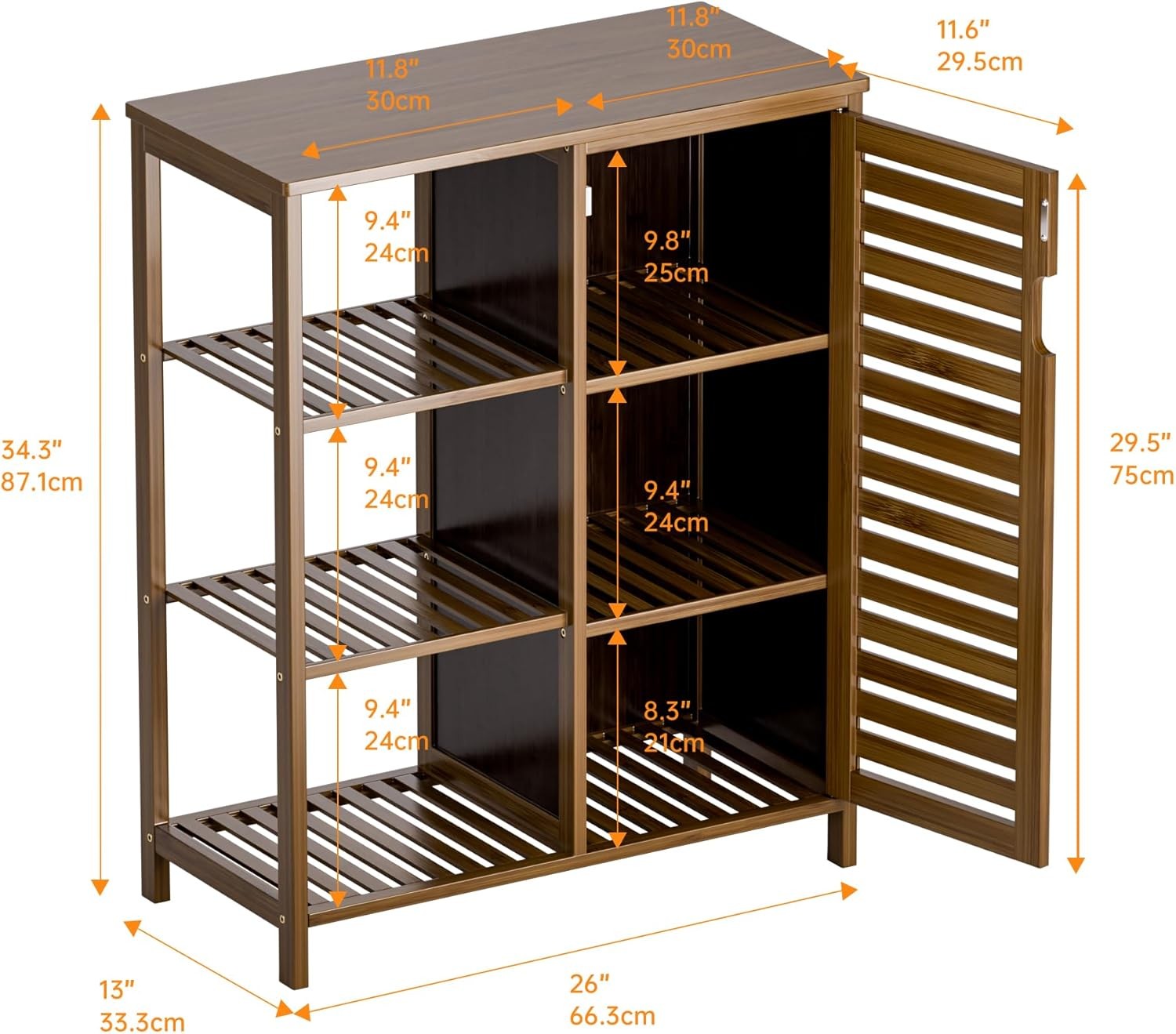 Walnut Bamboo Storage Cabinet with Door & Shelves Modern 63x33x87cm