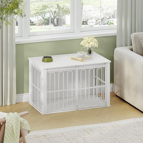 HEXCELEN Wooden Dog Crate White – Small/Medium Indoor Pet Cage & Side Table