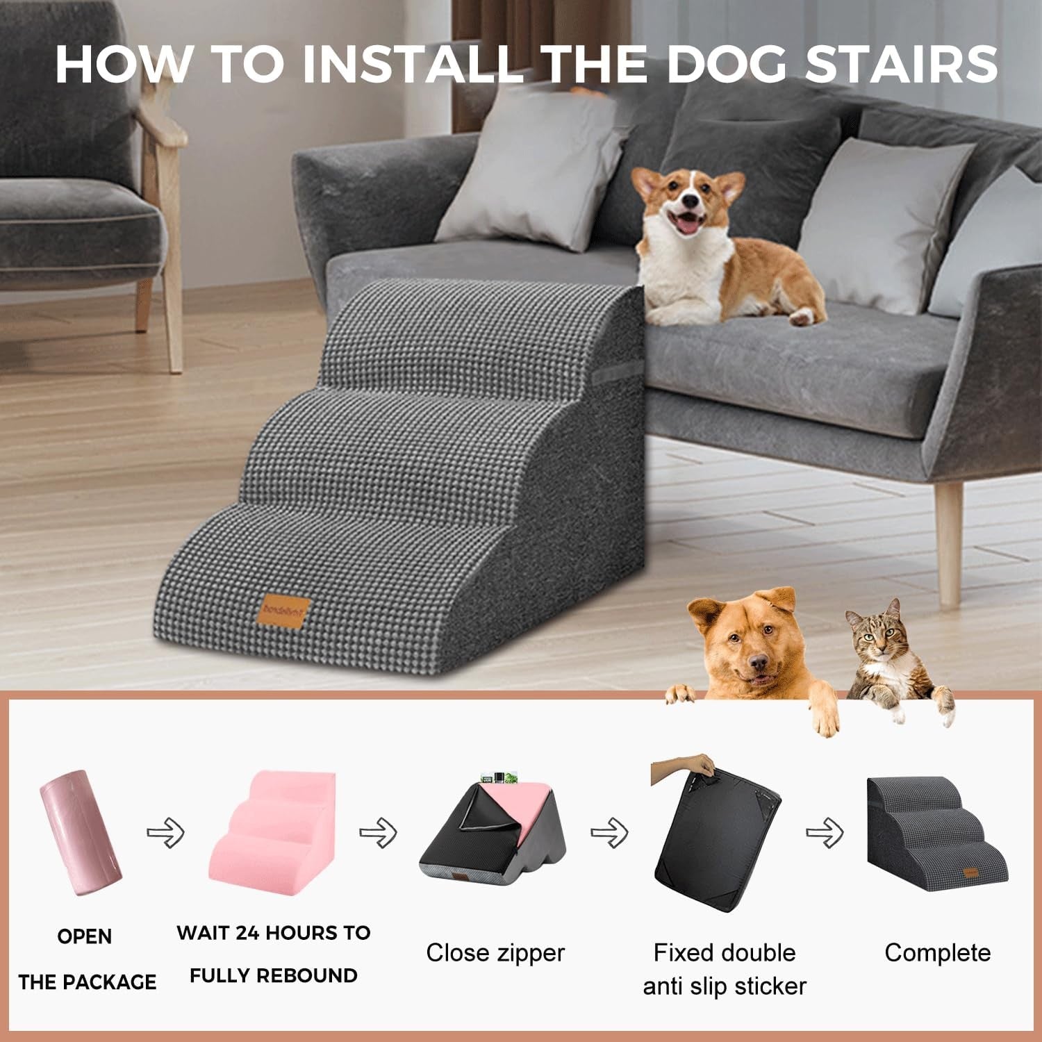 3 Step Dog Stairs Non Slip Pet Steps 60x40x40cm