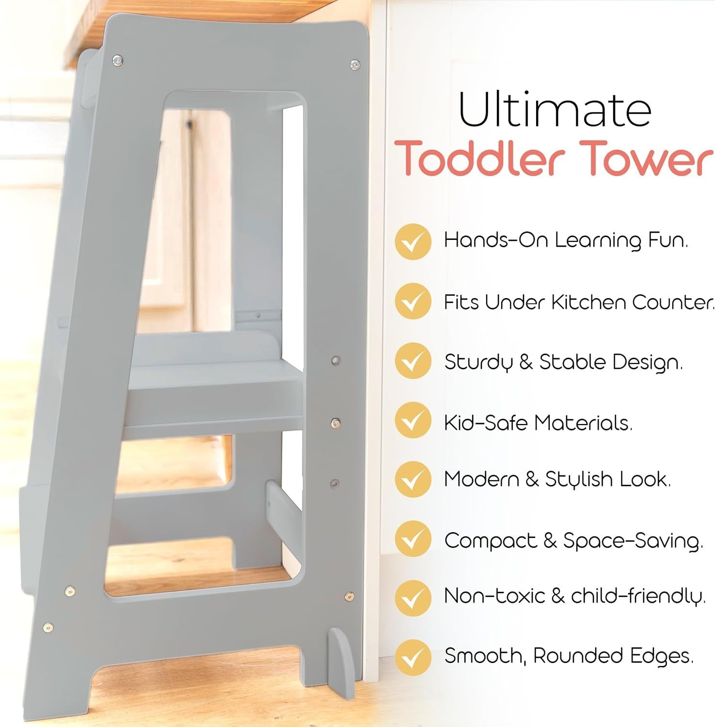 Adjustable Toddler Learning Tower with Safety Rail & Non-Slip Step, Grey