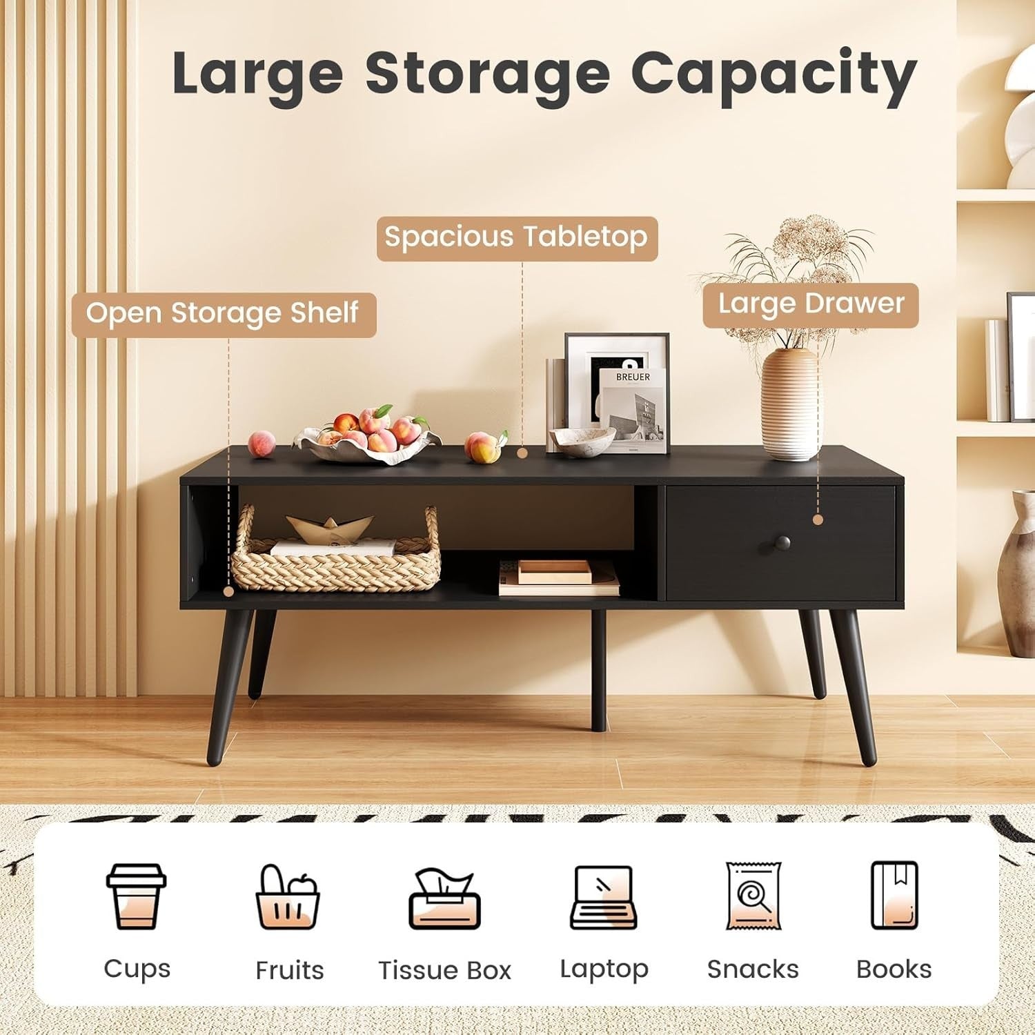 Rectangular Coffee Table with Drawer & Storage Shelf – 109x55x42 cm Black