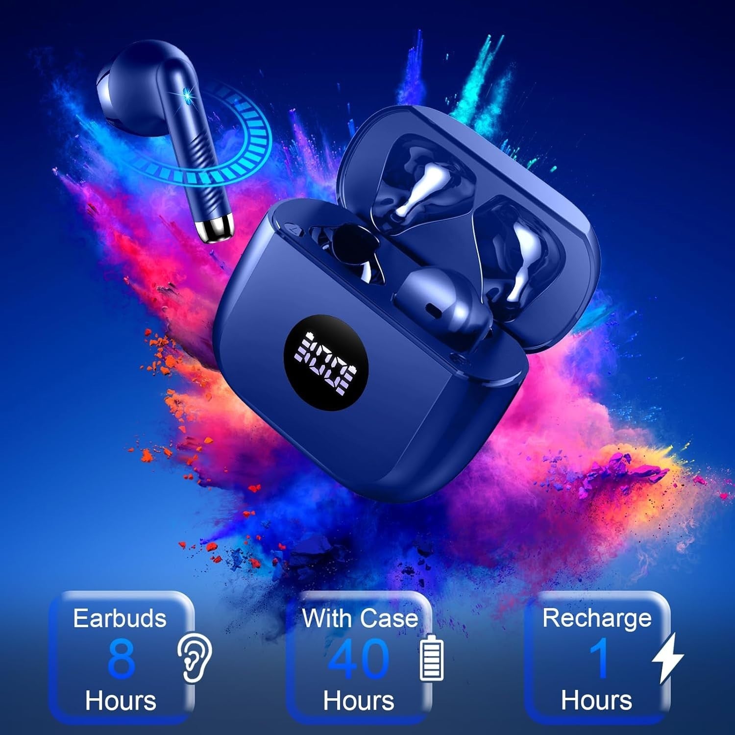 Bluetooth 5.4 Earbuds Blue ENC Noise Cancel Mic 40H LED Touch IP7