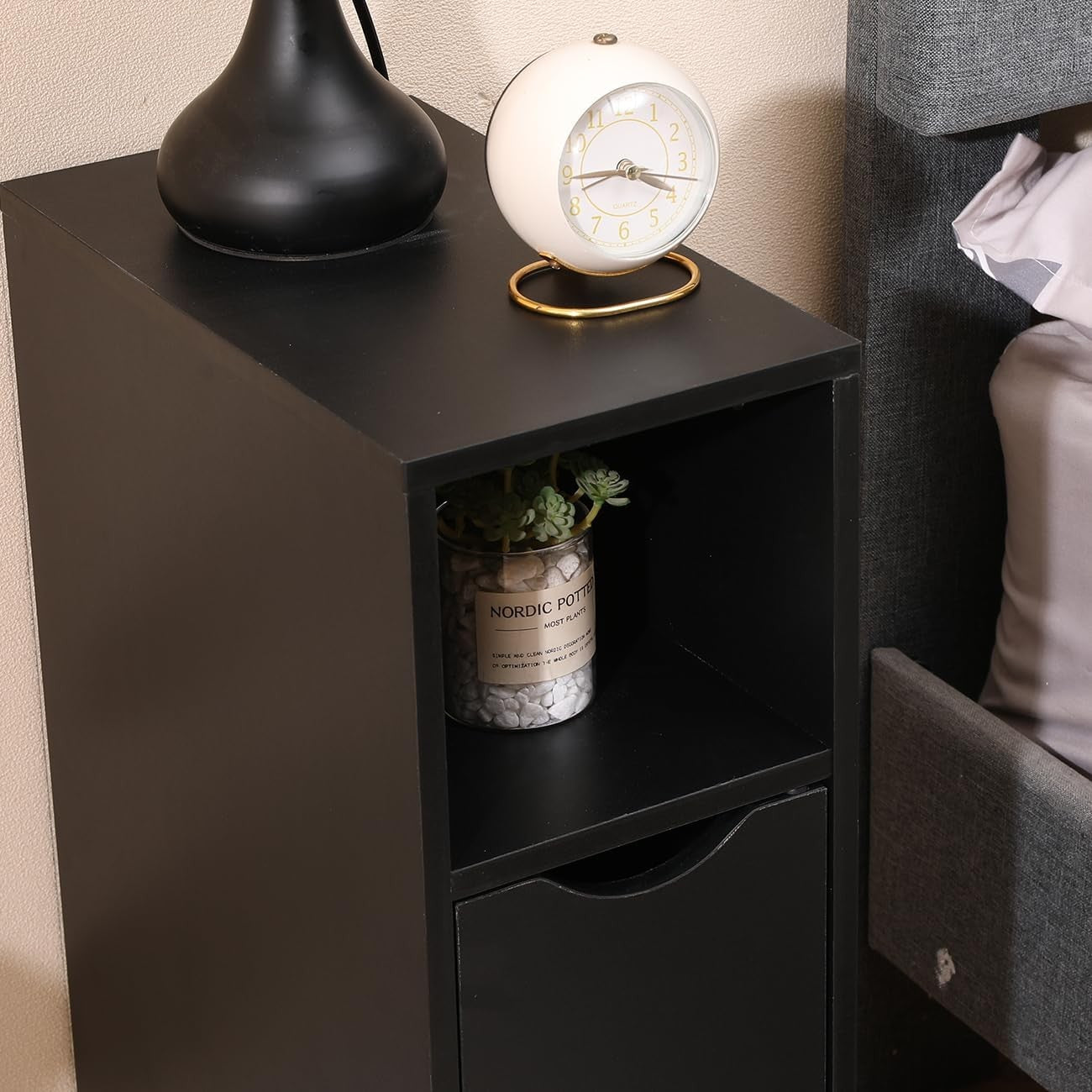 Slim Black Bedside Table with Drawer & Shelf, Modern Narrow Nightstand Storage