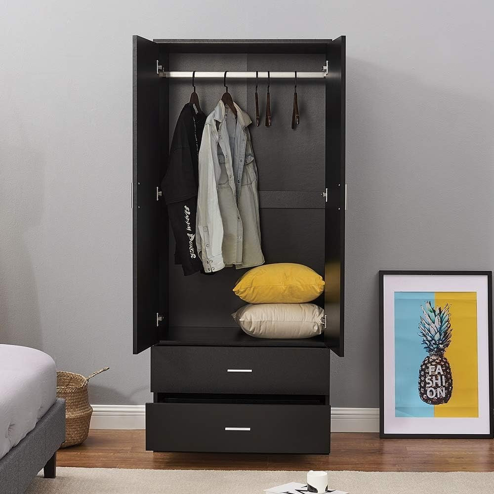 Tall Black 2 Door Wardrobe With Drawers & Hanging Rail Bedroom Storage