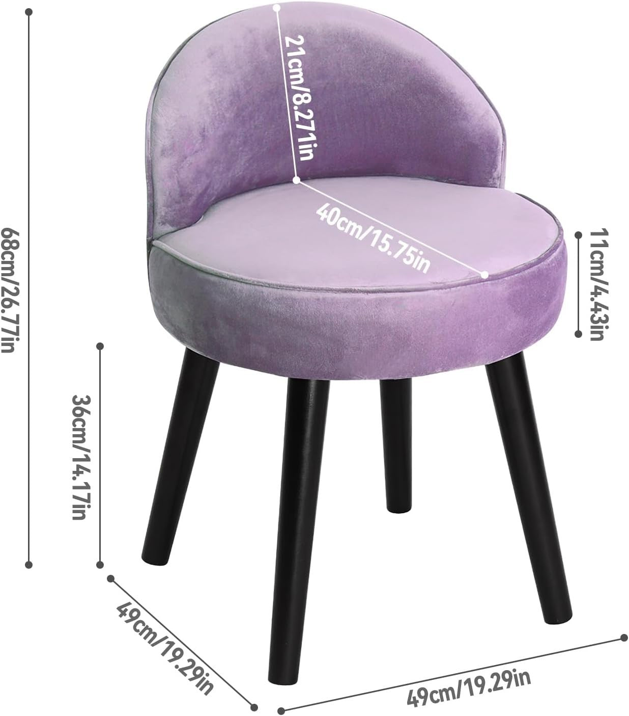 Purple Velvet Low-Back Vanity Stool with Wood Legs – Makeup Chair 49×49×68cm