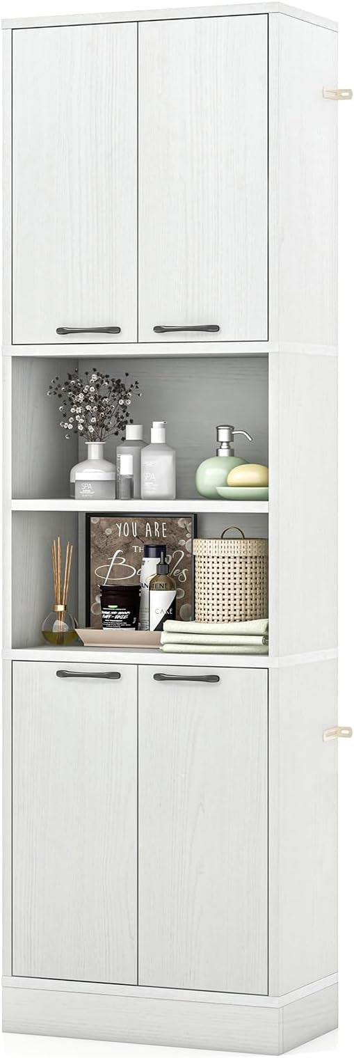 Tall Kitchen Cupboard Pantry Storage Cabinet 4 Door Open Shelves Freestanding