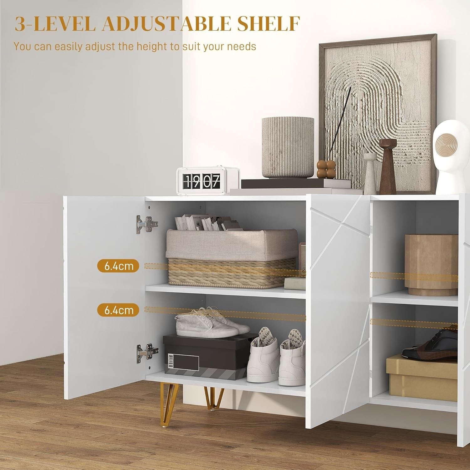 High Gloss Sideboard Cabinet White Gold Legs Modern Storage Unit 120cm