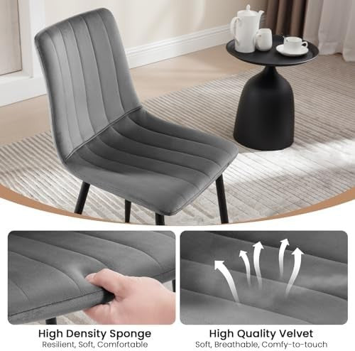 4 Velvet Dining Chairs Padded Upholstered Seat Metal Legs Modern Grey