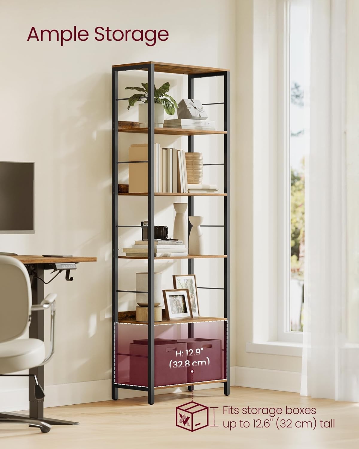 6-Tier Industrial Bookshelf Unit | Tall Rustic Storage Shelving for Home Office