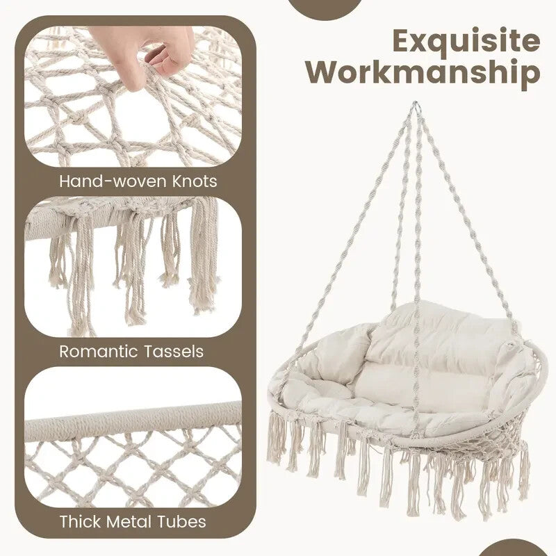 Rope Hanging Chair with Cushion & Folding Frame – 150kg Indoor Outdoor