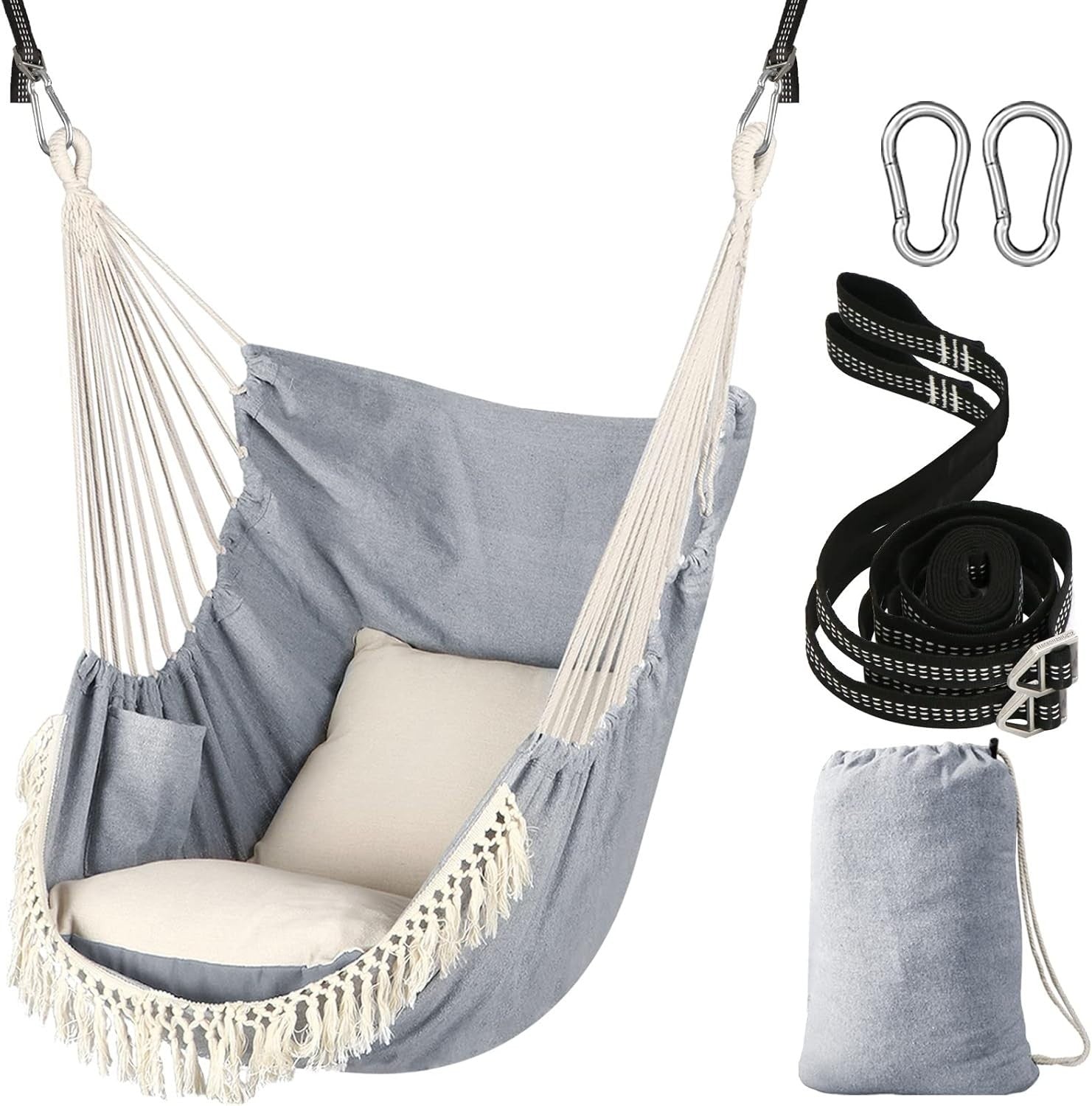 Hammock Chair with 2 Cushions & Straps | 550lbs Indoor Outdoor Swing Seat
