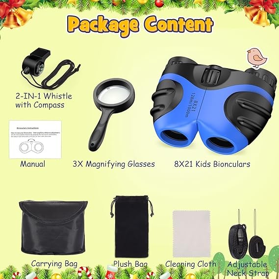 Kids 8x21 Waterproof Binoculars with Compass & Whistle Outdoor Toys Blue