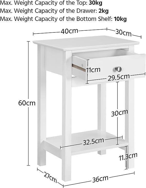 White Bedside Table with Drawer & Shelf | Modern Wooden Nightstand 30x40x61cm
