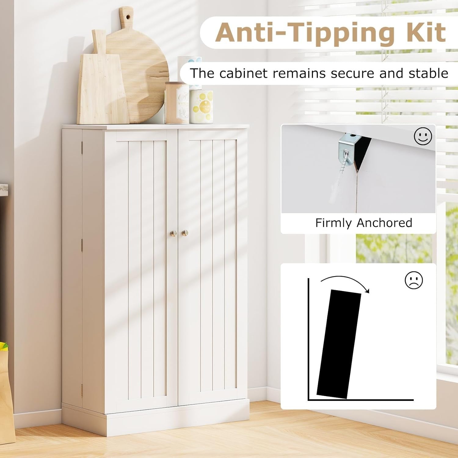 Compact White Pantry Cabinet with 2 Doors and 17 Storage Shelves