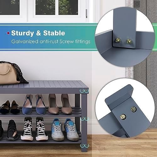 3-Tier Grey Bamboo Shoe Rack Bench with Storage Shelf & Modern Design