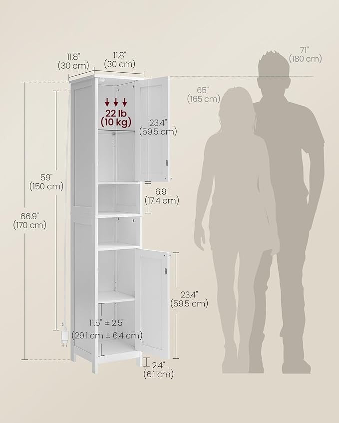 Slim Tall Bathroom Cabinet with Lights, Adjustable Shelves, Modern Storage Unit