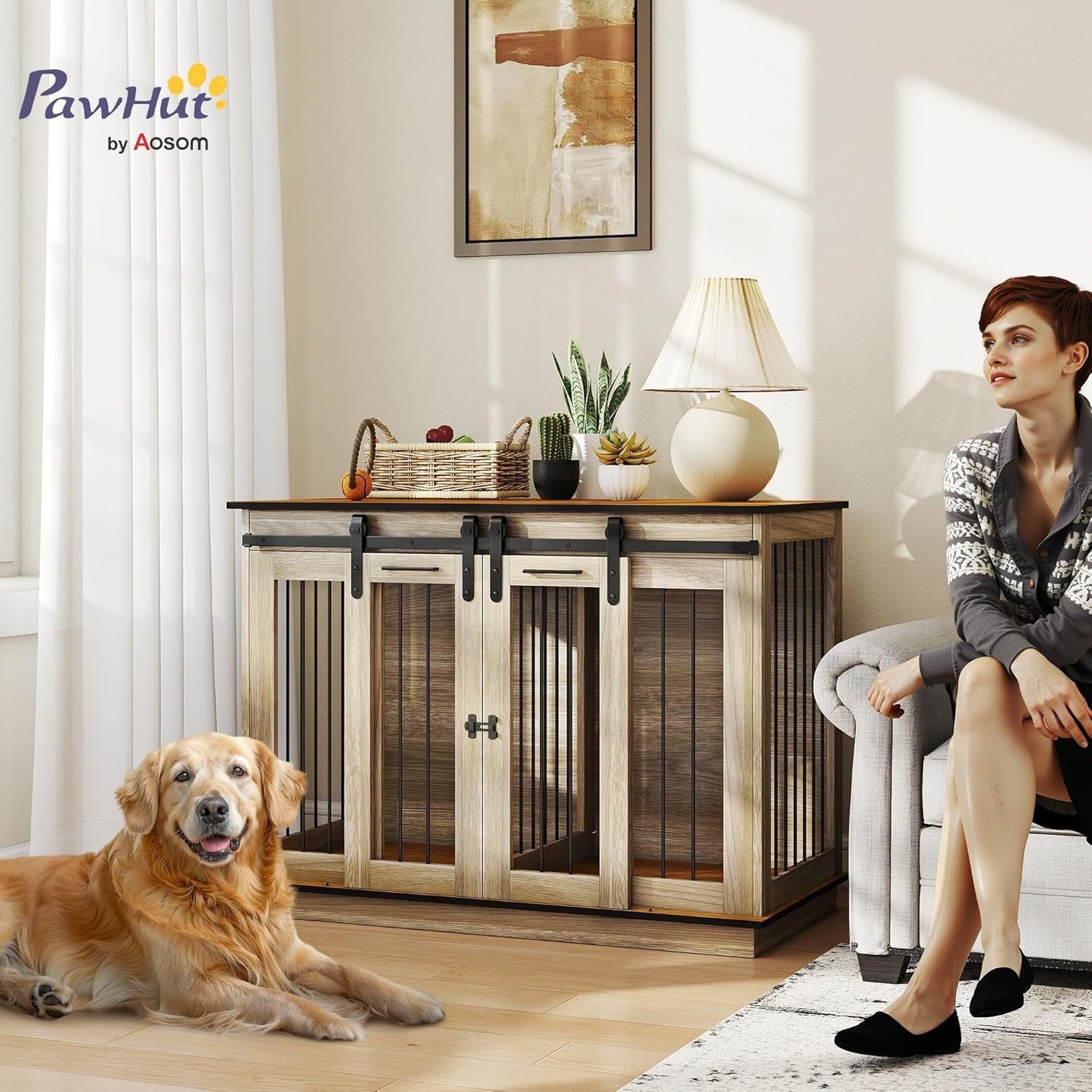 Large Oak Tone Dog Crate Furniture with Divider, Sliding Doors & Side Table