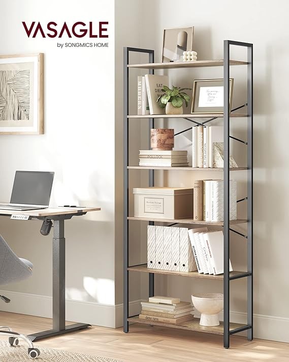 6 Tier Industrial Bookshelf Tall Shelving Unit Storage Rack 30×80×186cm Modern