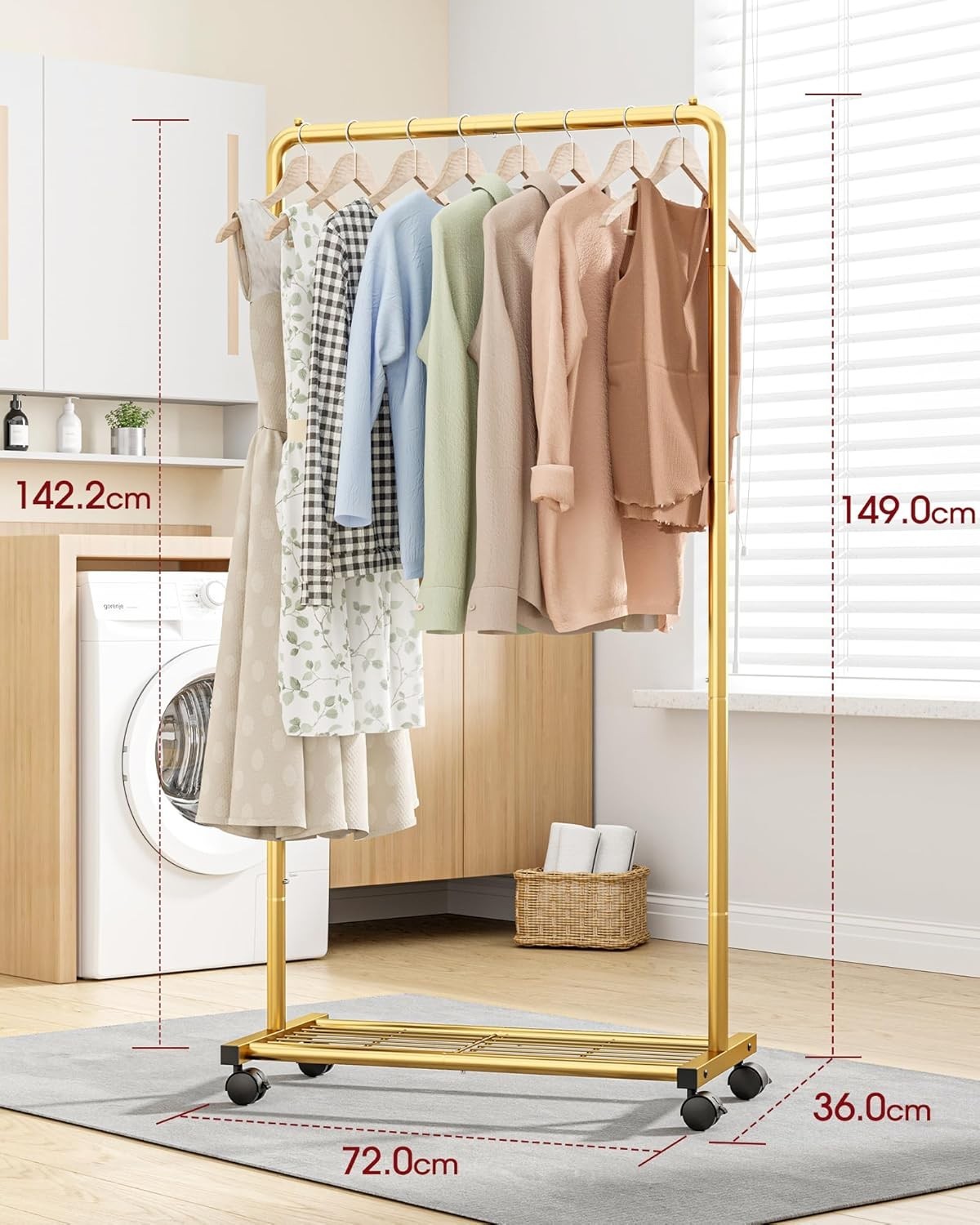 Gold Heavy Duty Clothes Rail w/ Wheels & Shelf – 72×36×149cm