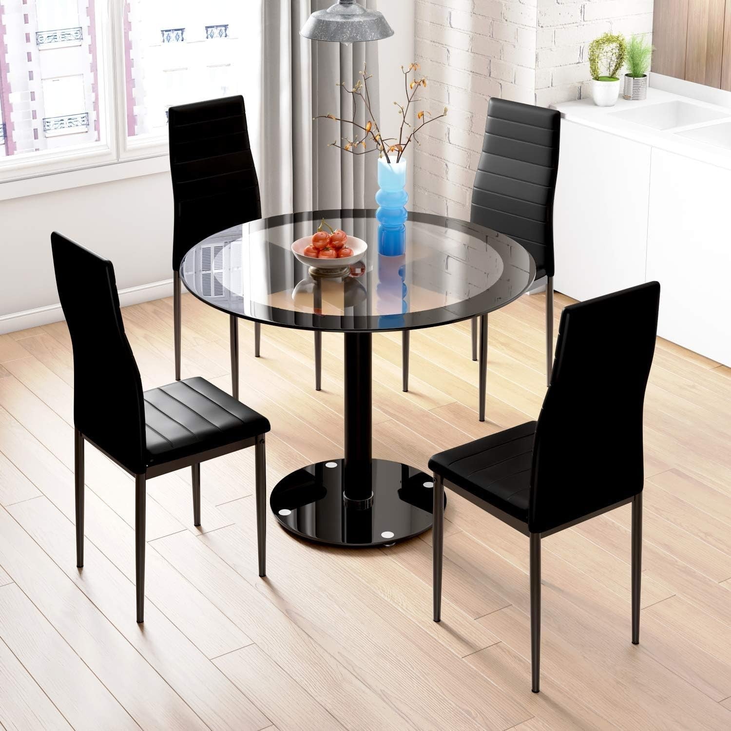Black Round 90cm Tempered Glass Dining Table with 4 PU Leather Chairs