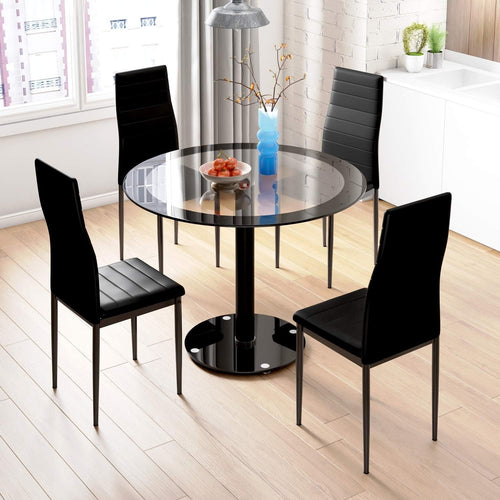 Black Round 90cm Tempered Glass Dining Table with 4 PU Leather Chairs