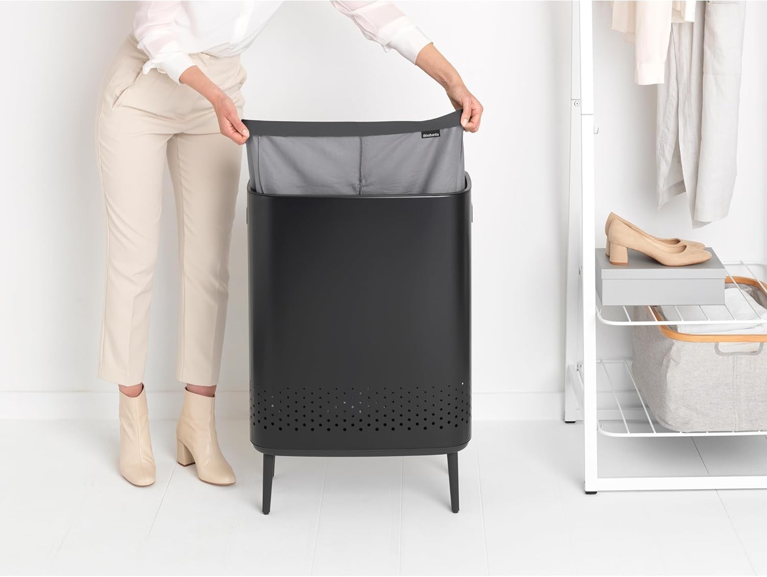 Modern 90L Laundry Bin with Lid, 2 Compartments, Hygienic Quick-Drop Opening
