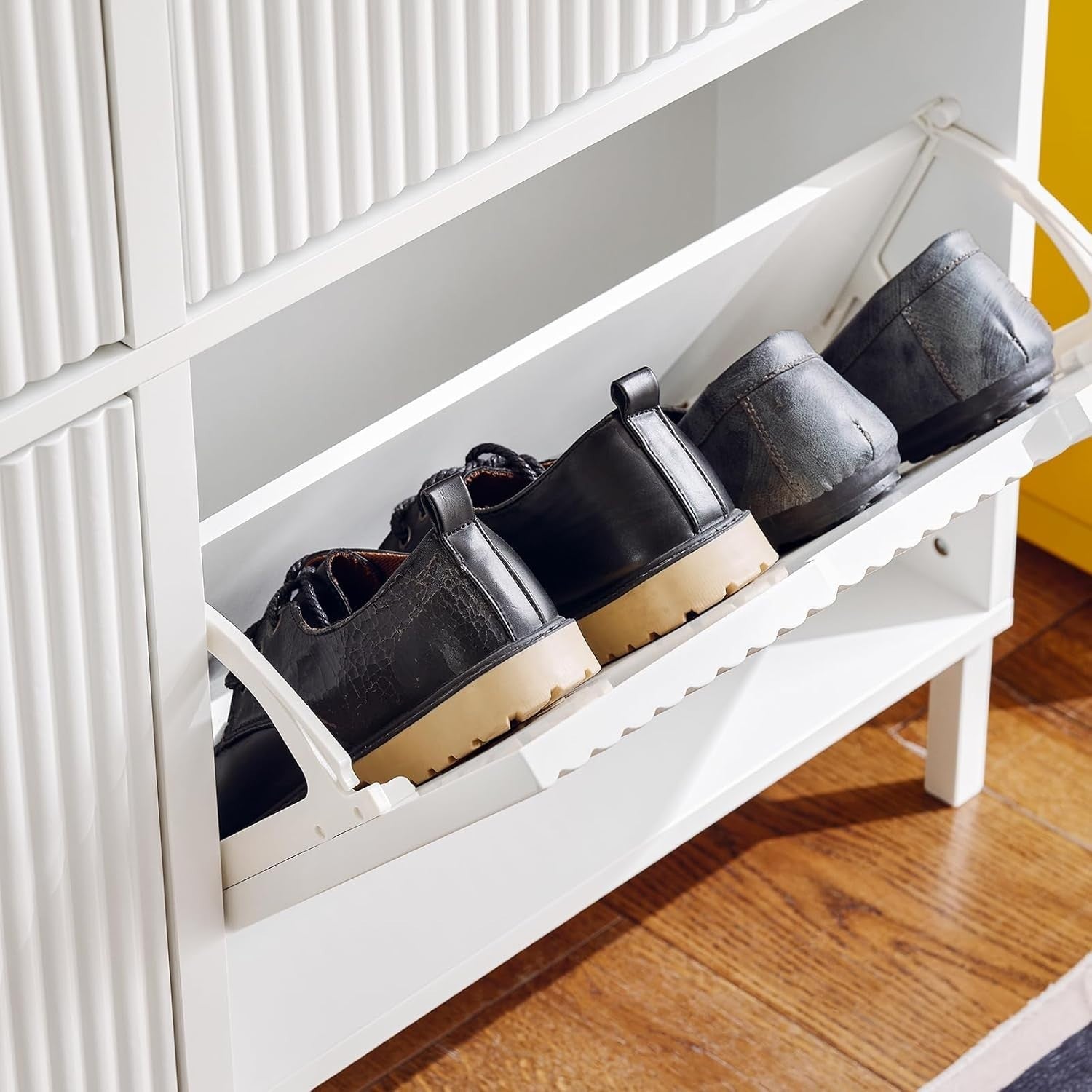 White Slim Shoe Cabinet 4 Flip Drawers – Wide Narrow Hallway Storage 100cm