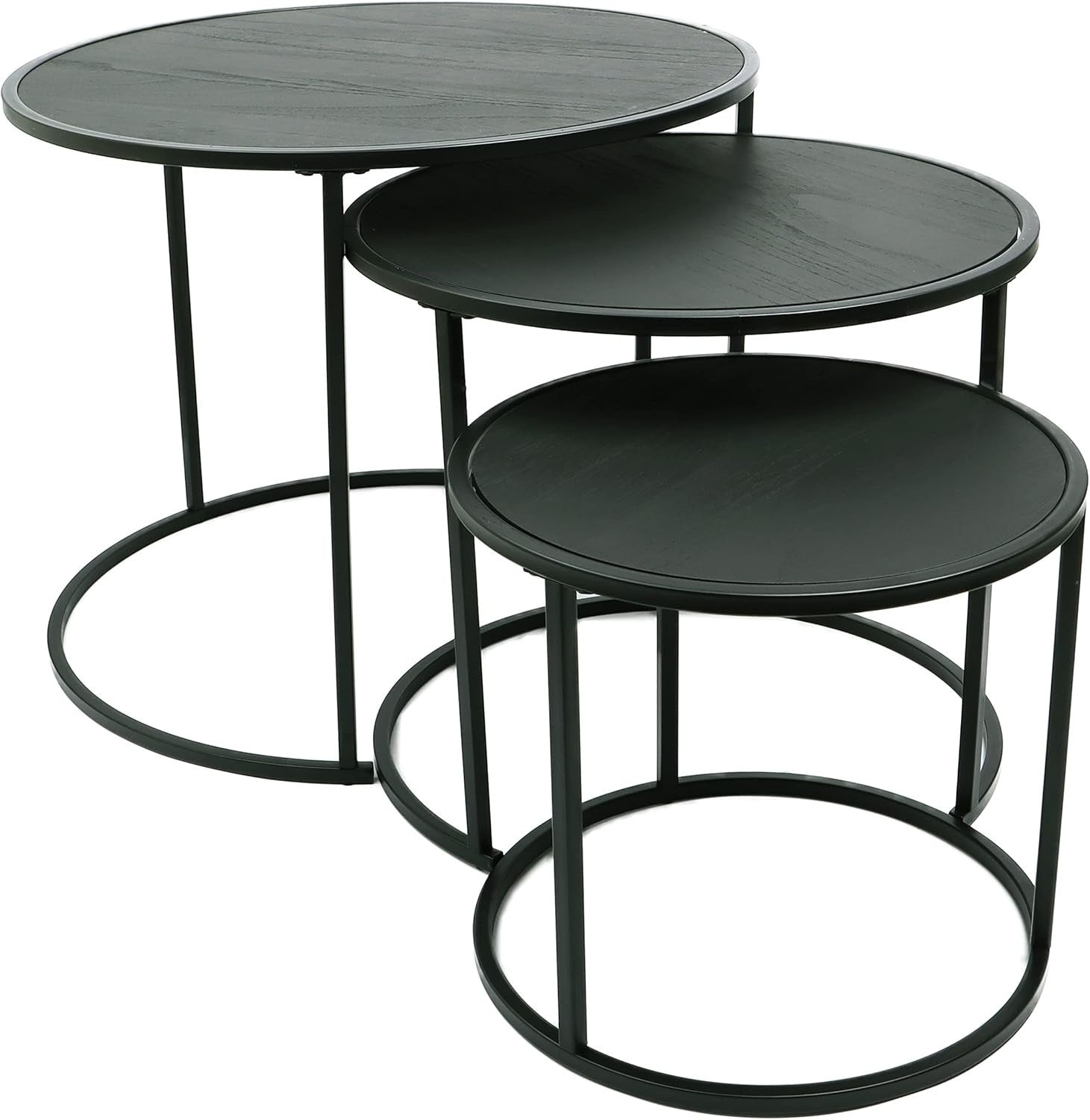 Set of 3 Black Wood Look Nesting Tables Round Coffee End Side Accent Space Savin