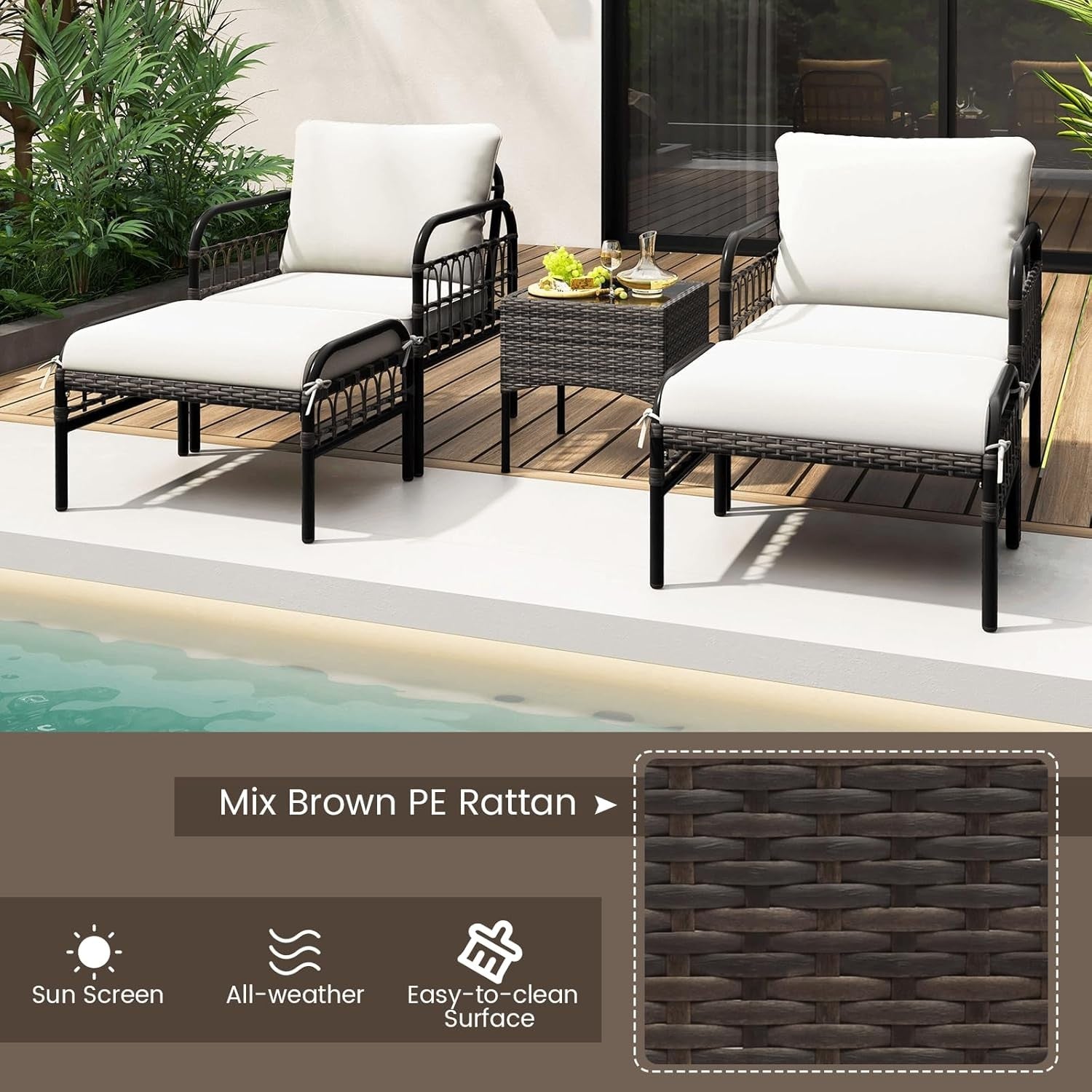 5PC Rattan Garden Furniture Set Armchairs Footstools Coffee Table Cushioned