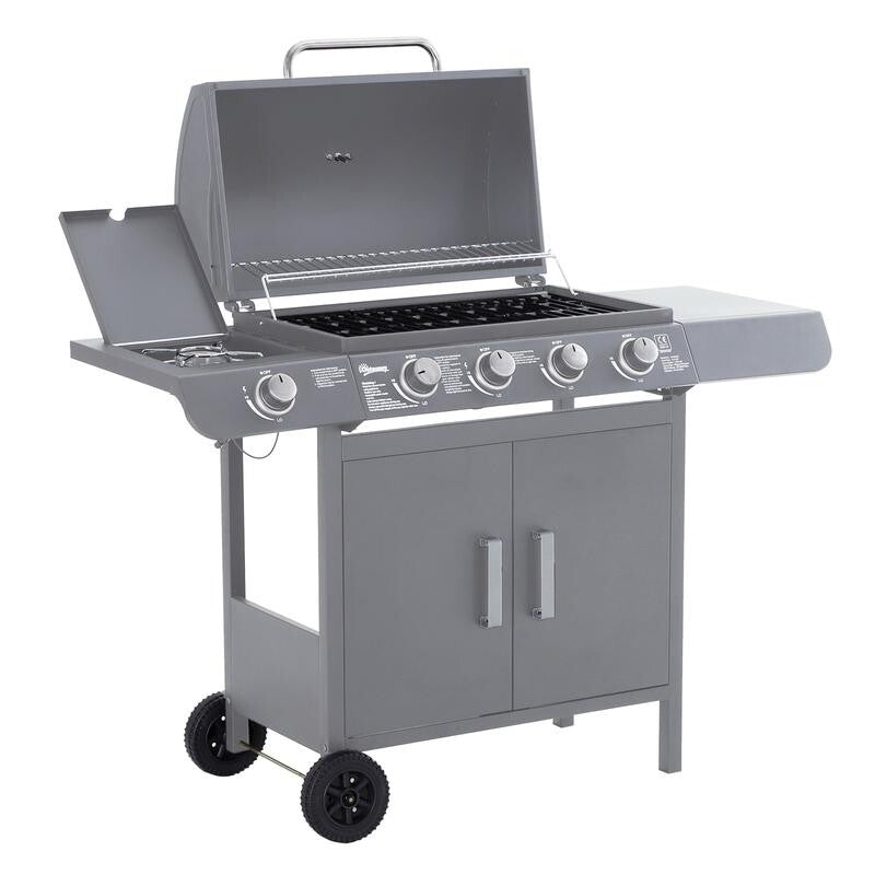 4+1 Burner Gas BBQ Grill with Thermometer, Side Shelves, Cabinet & Wheels