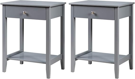 2PCS Grey Bedside Tables Modern Nightstand with Drawer & Shelf Wooden Side Table