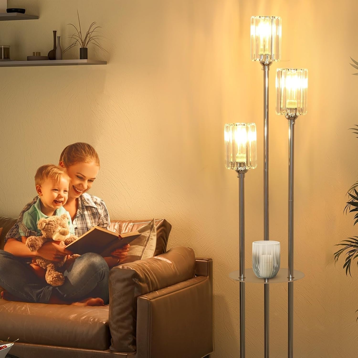 3-Light Modern Floor Lamp with Shelves | Crystal Shades | Chrome Finish