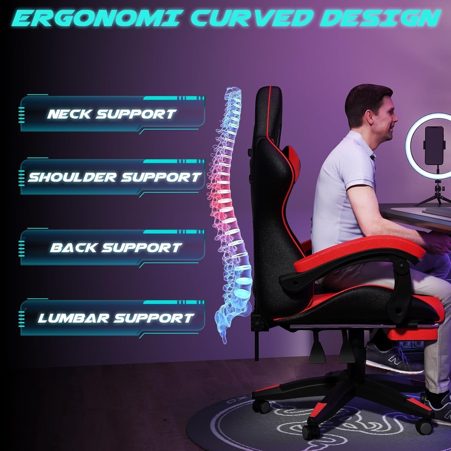 Gaming Chair High Back Recliner LED Lights Ergonomic PC Racing Swivel Red