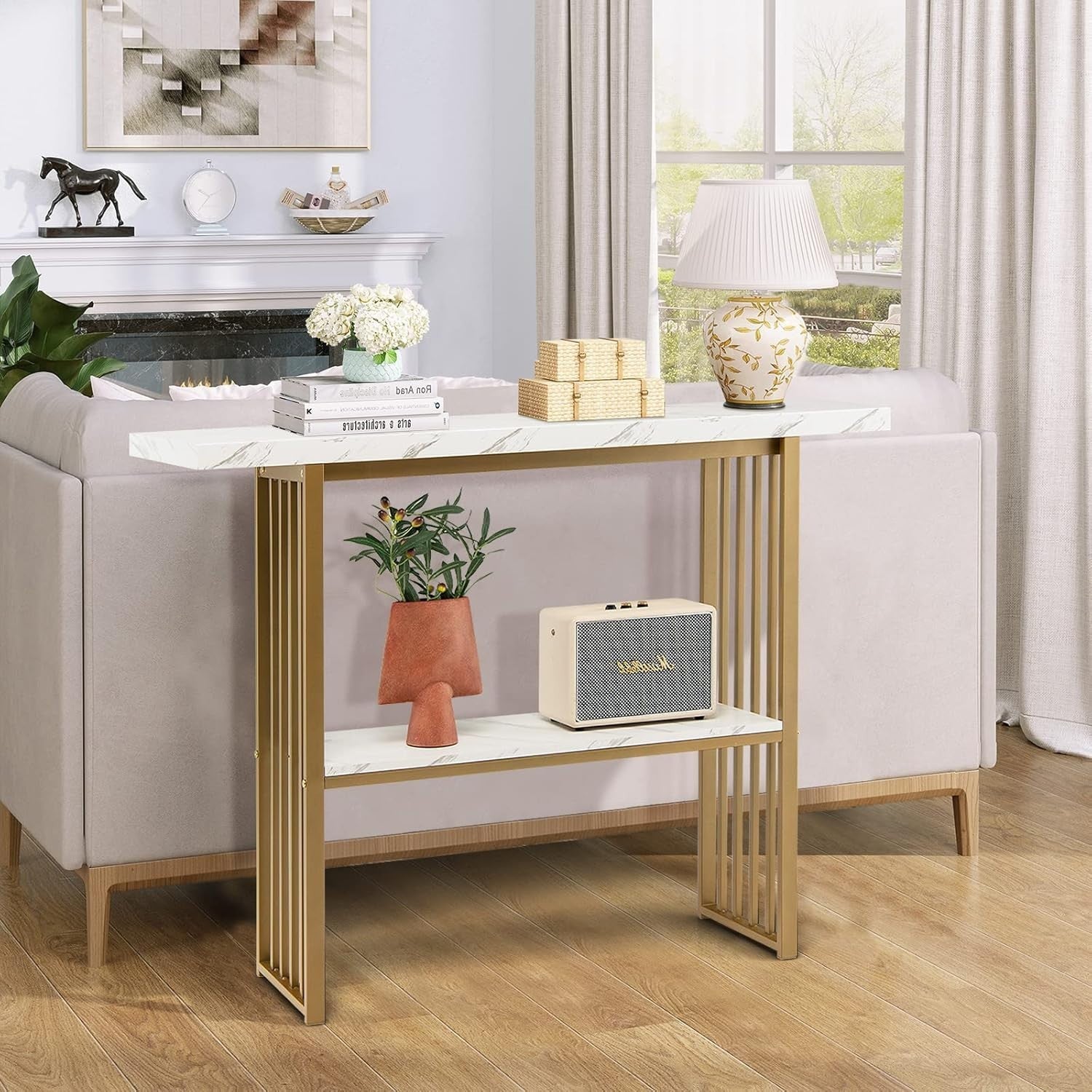 2-Tier Console Table Narrow Hallway Desk, Faux Marble Top, Gold Frame