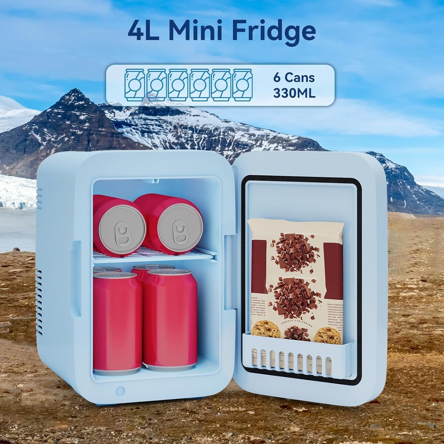 4L Mini Fridge Portable Cooler & Warmer LED Mirror AC/DC Blue