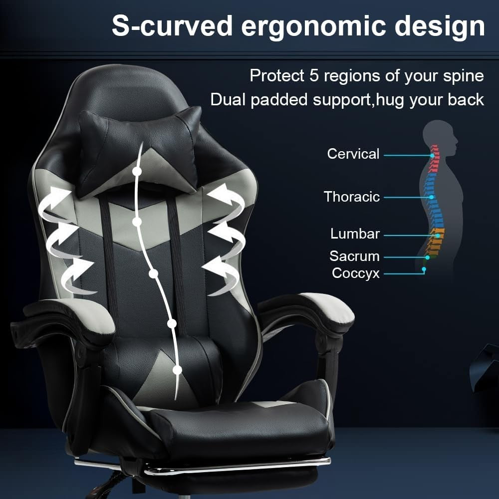 Reclining Gaming Chair w/ Footrest Swivel Gas Lift Grey