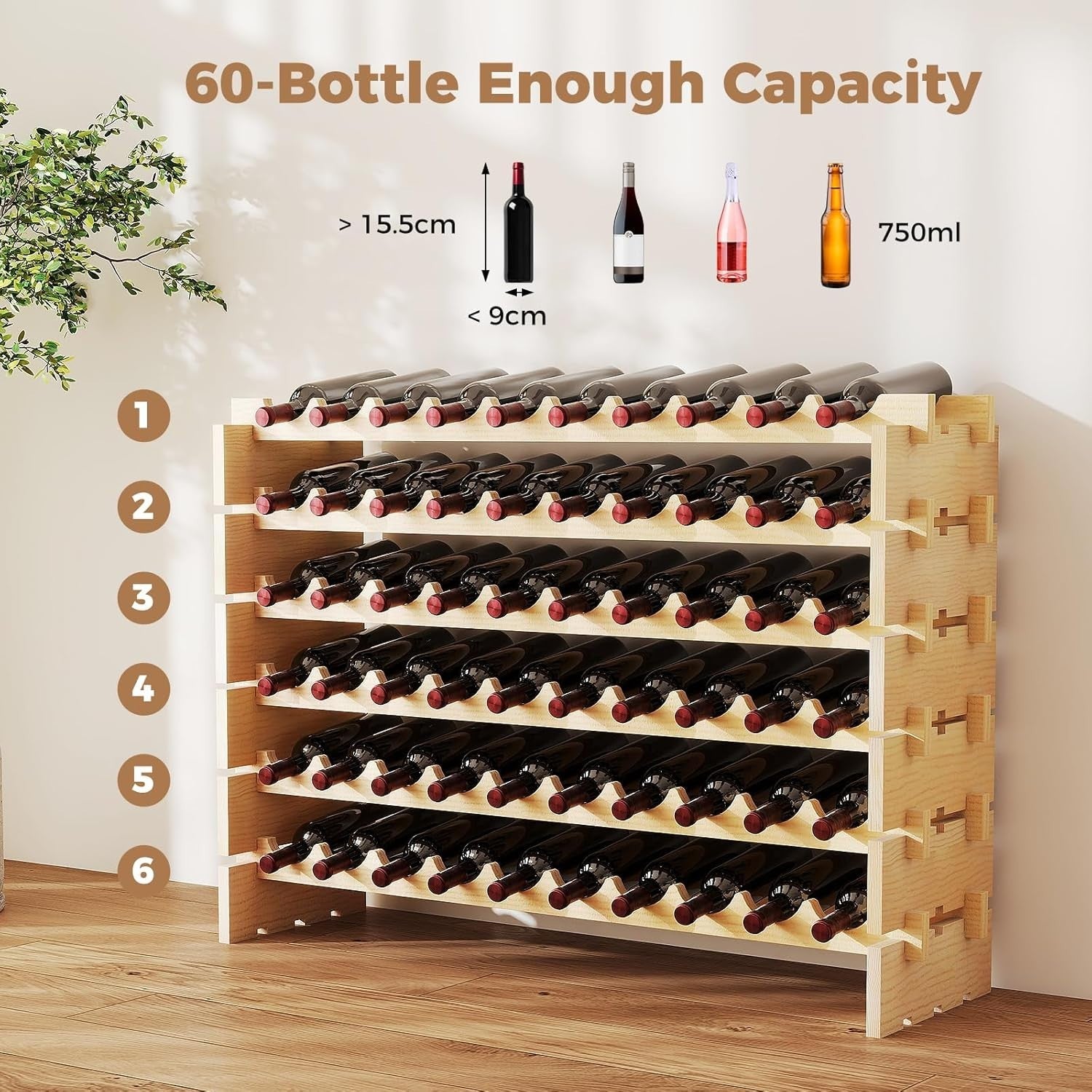 60 Bottle Wooden Wine Rack 6-Tier Floor Standing Wine Storage Organizer Pine