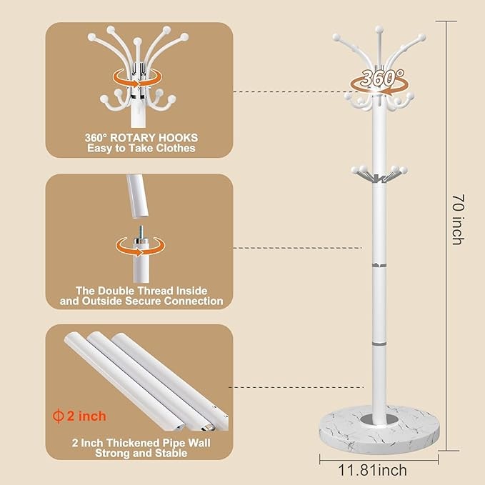 White Metal Coat Rack with Marble Base 360° Rotating Hooks Freestanding Stand