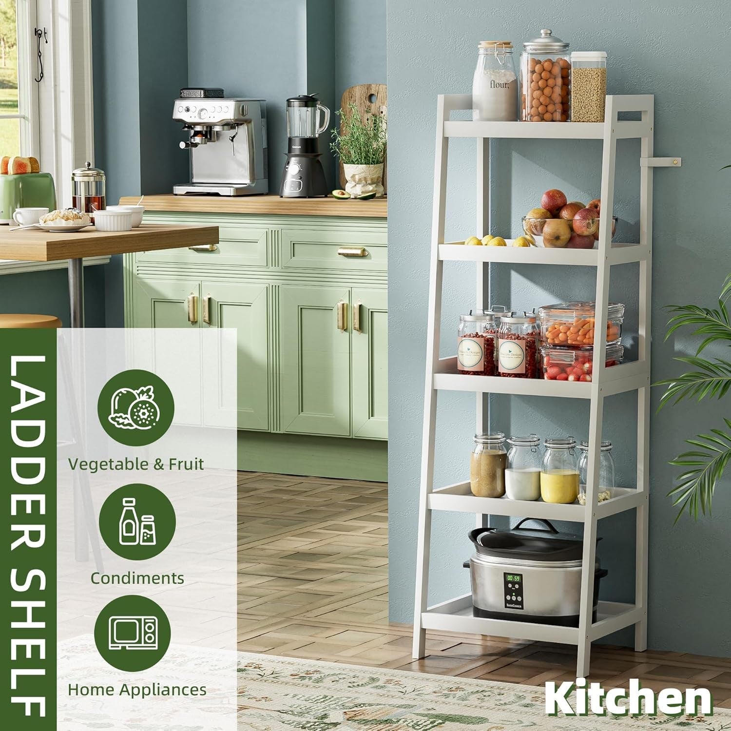 White 5-Tier Ladder Bookcase, Tall Narrow Bamboo Frame Display Storage Shelf