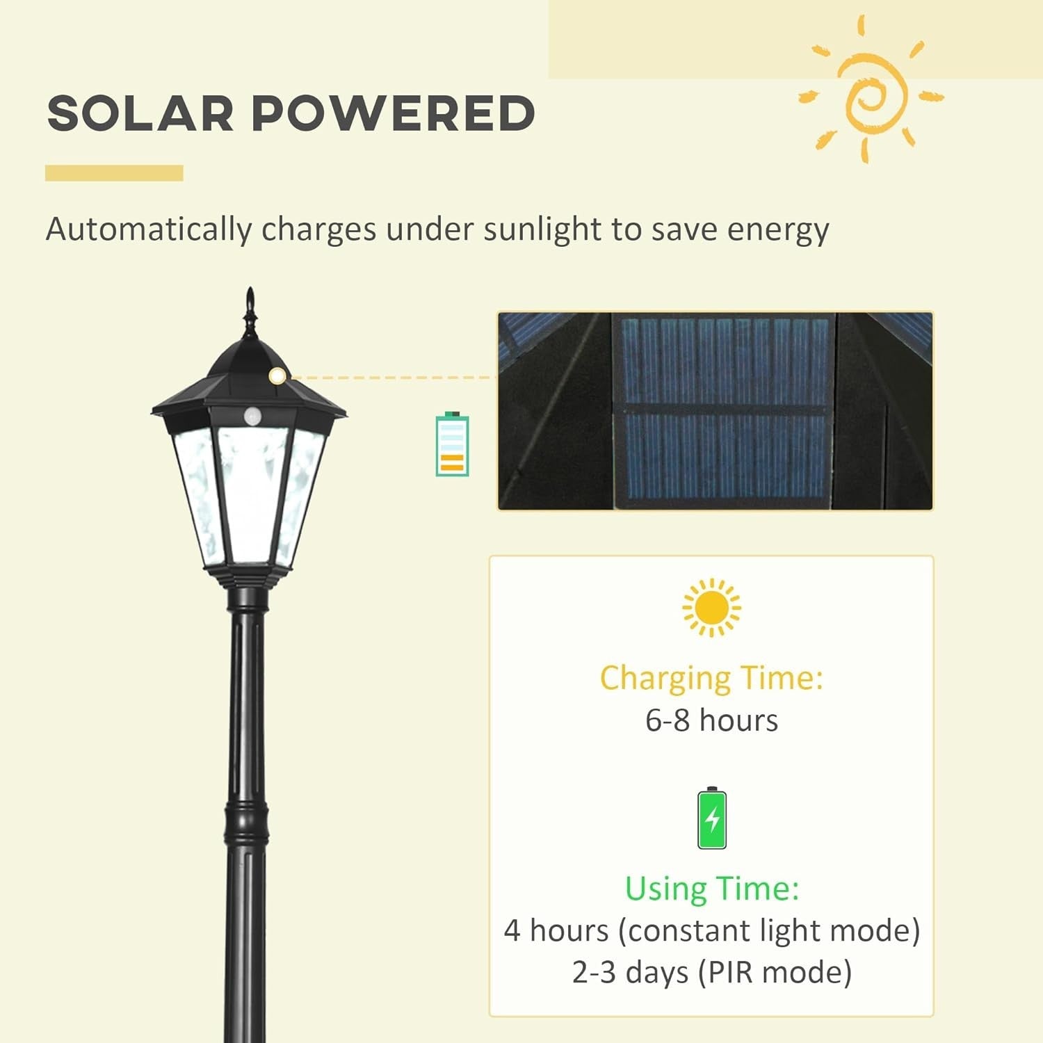 Outsunny 2.4M Solar Garden Lamp Post Light PIR Motion Sensor LED IP44