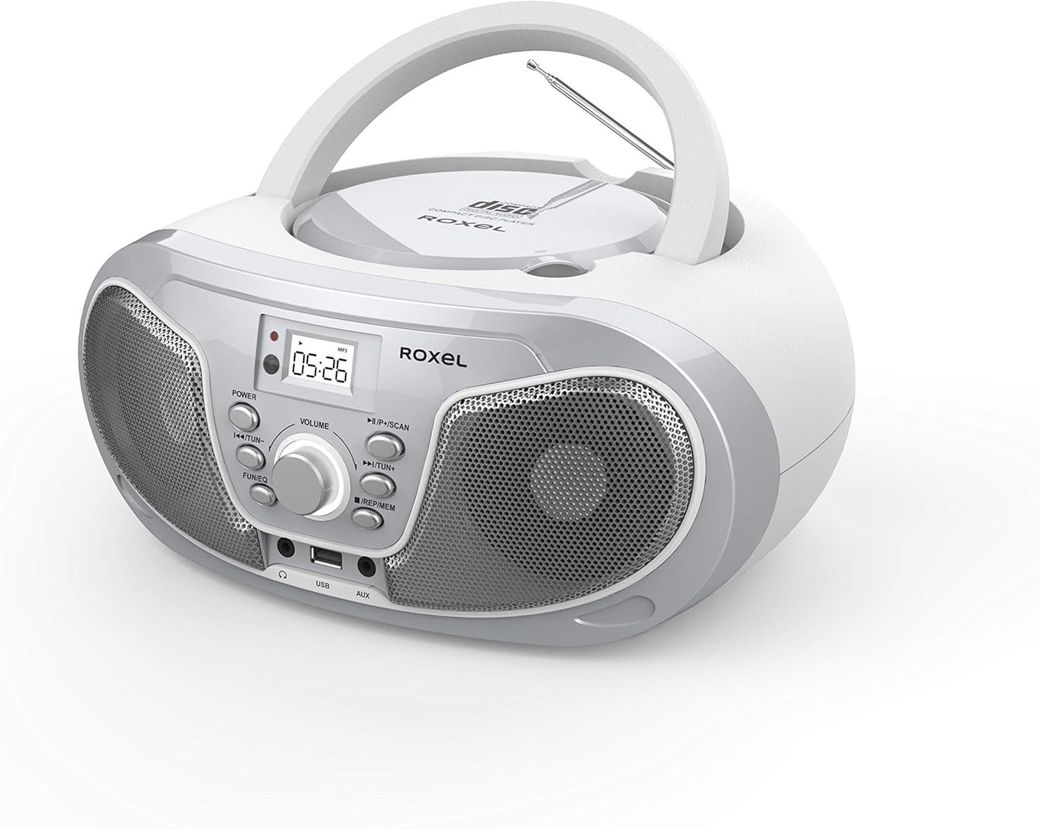Silver Portable Boombox CD Player Bluetooth FM Radio USB AUX Remote