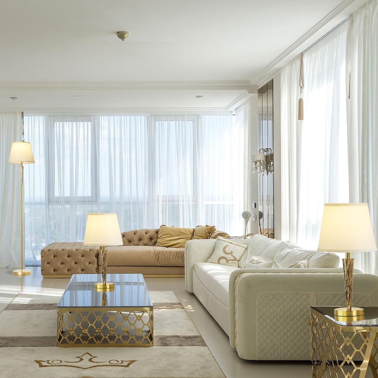 Modern 3-Piece Floor & Table Lamp Set with White Linen Shades, 51.5x20x60cm