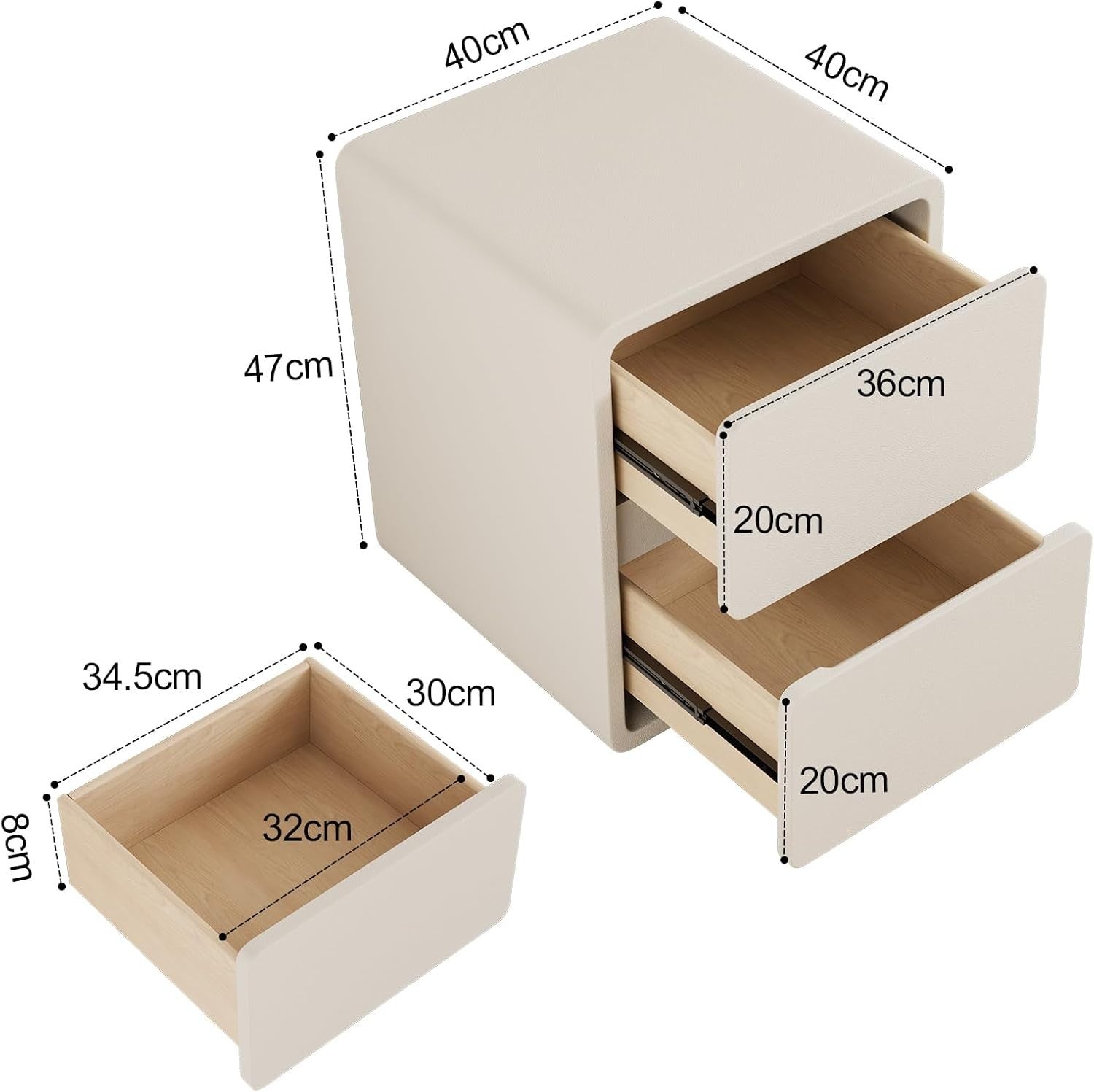 Wide White Bedside Table with 2 Drawers, Modern Leather-Finish