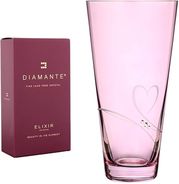 Pink Crystal Glass Vase 25cm Heart Design Luxury Gift Decorative Centrepiece