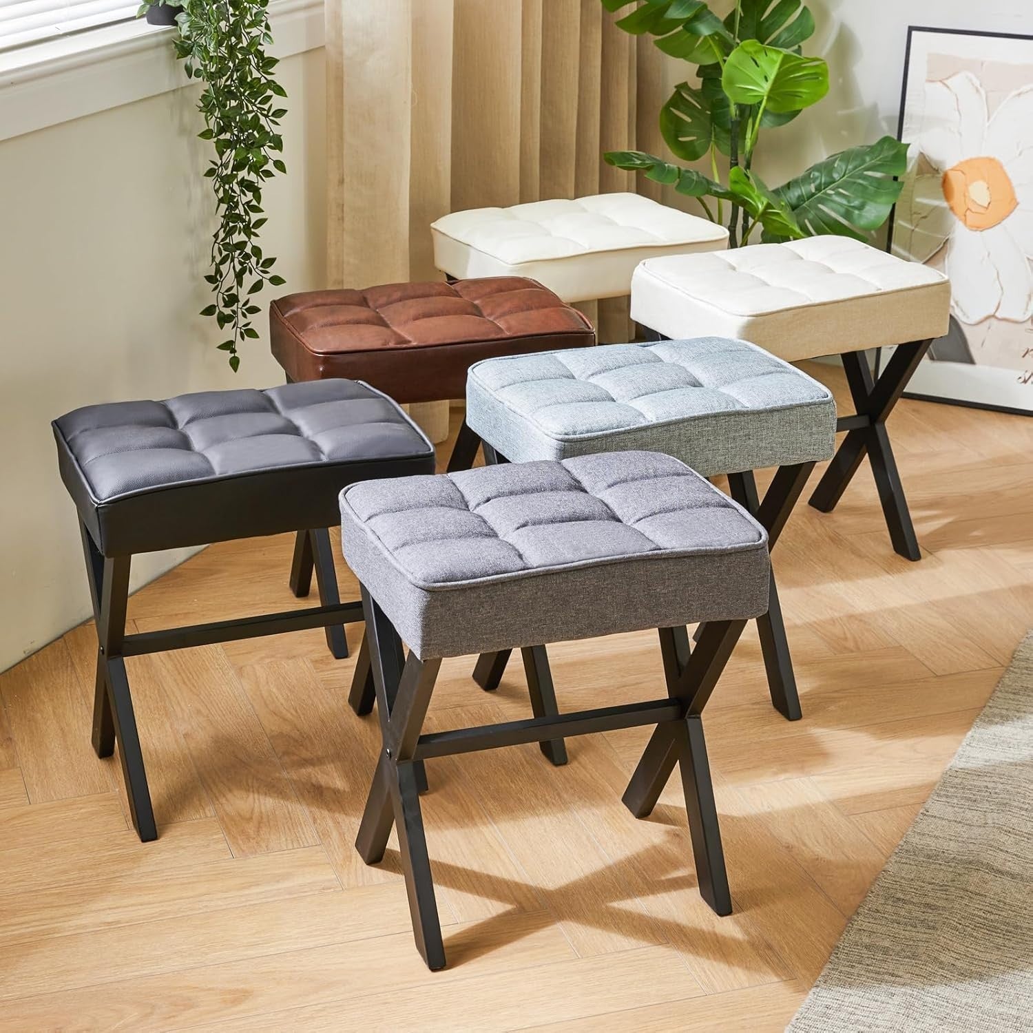Dark Grey Linen Makeup Stool with X-Leg Base – Square Vanity Footrest