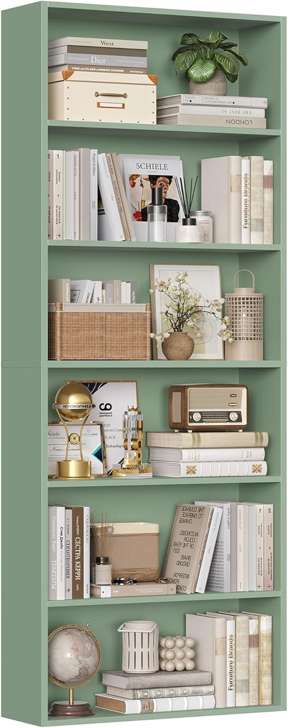 Tall 6-Tier Bookshelf Green Freestanding Storage Unit Open Display Shelf 60x23.5