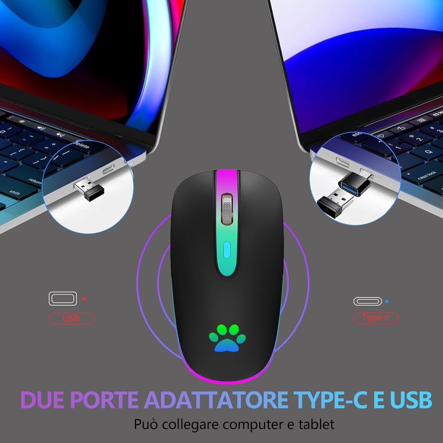 Rechargeable Bluetooth Wireless Mouse 1600 DPI RGB USB Laptop PC