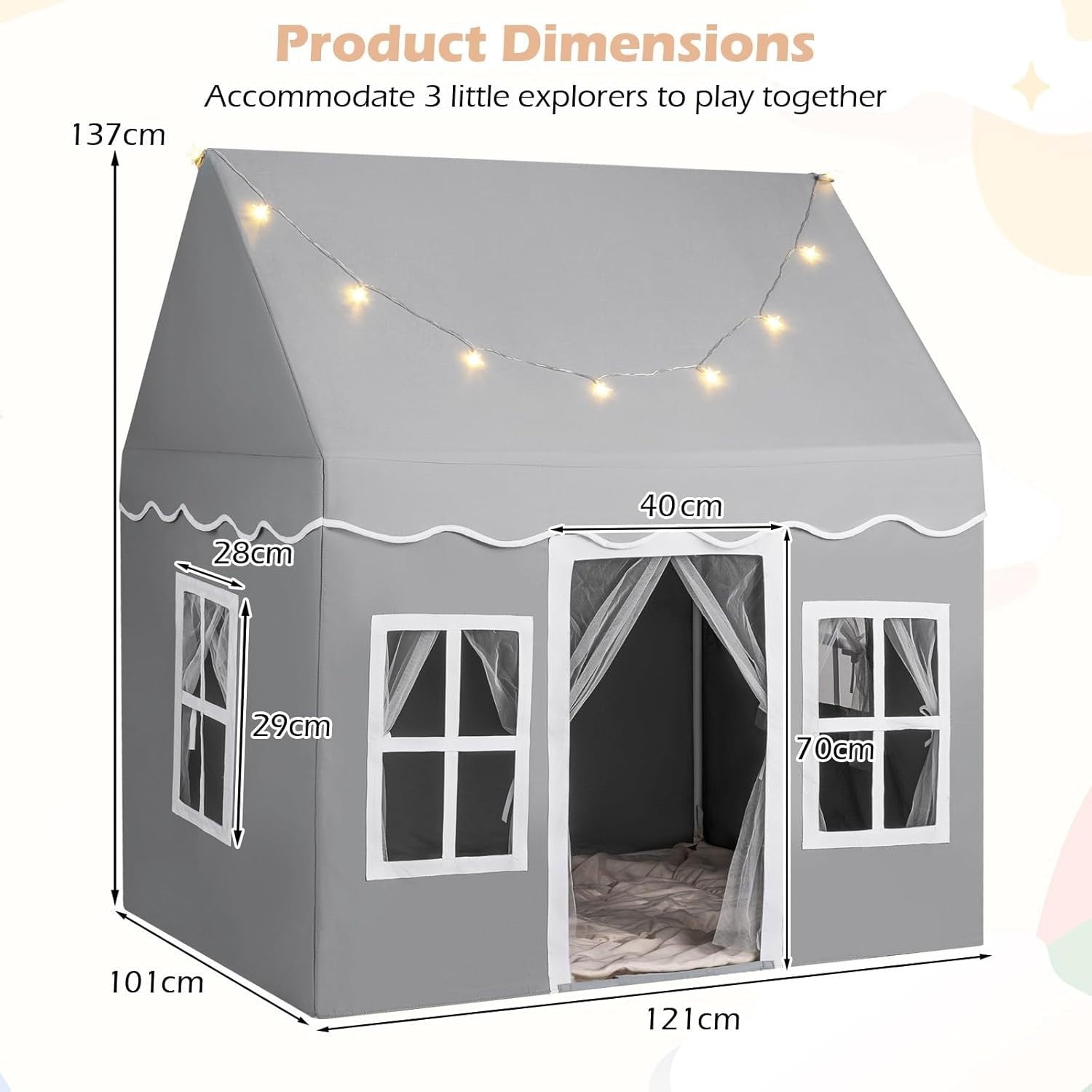 Grey Kids Castle Play Tent Star Lights Large Indoor Fairy House