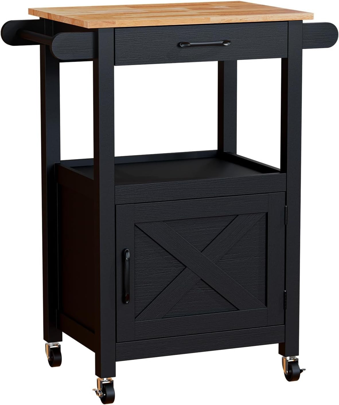 Kitchen Island Trolley on Wheels Storage Cabinet Drawer Towel Rail Black